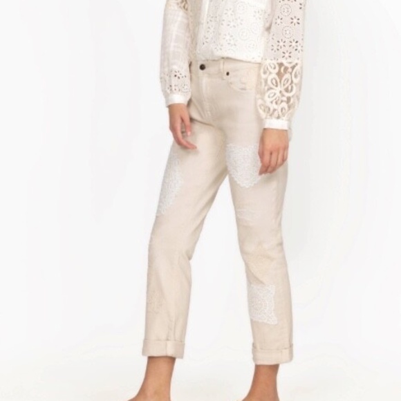 Johnny Was Dolly Cuffed Boyfriend Jean Cream Lace Bohemian Size 30 MSRP $248 - Picture 1 of 13